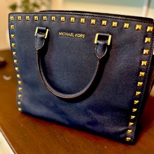 MICHAEL Michael Kors Navy Leather Studded Selma Satchel